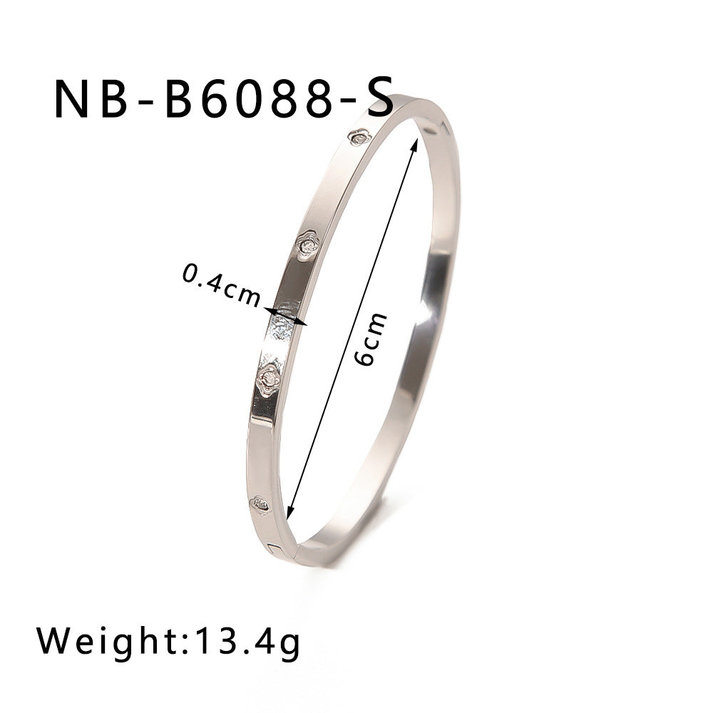 Hot-Selling Zircon Heart-Shaped Quadrilateral Geometric White Zircon Green Zircon Titanium Steel Real Gold Plated Color-Retaining Jewelry Bracelet