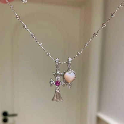 Brushed Craft American Retro Cross Heart White Shell Fairy Chain Necklace Niche Design Light Luxury High-end Feel