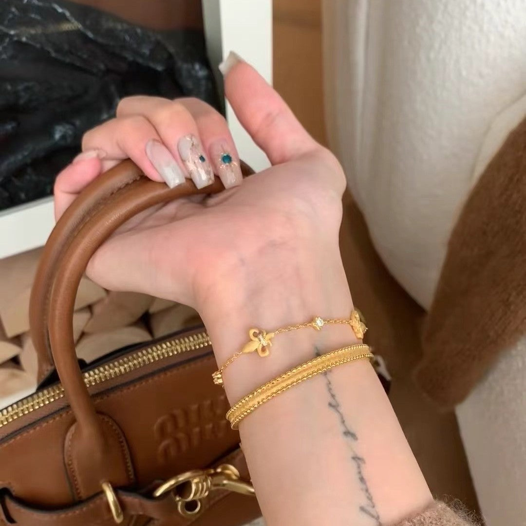 Italian Vintage Brushed Light Luxury High-End 925 Sterling Silver Iris Flower Brushed Reversible Push-Pull Bracelet