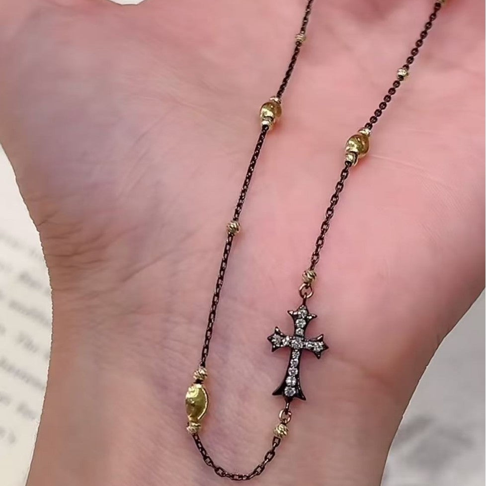 Sterling Silver S925 Black Gold Cross Double-Sided Necklace Micro Inlay Niche Personality Versatile Elegant Light Luxury Collarbone Chain