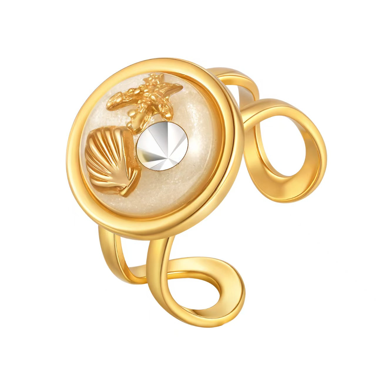 mermaid Ocean-Style Stainless Steel Bead-Separator Chain with Resin Round Pendant - Gold Beach Collarbone Chain