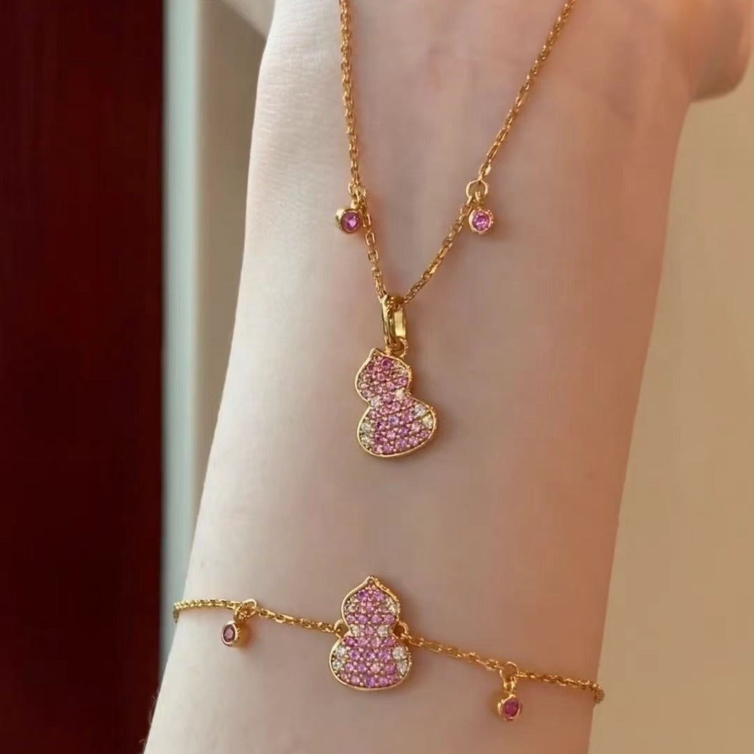 New Dreamy Romantic Pink Gemstone Gourd Necklace Versatile Full Diamond Gourd Bracelet