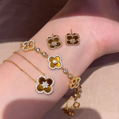 Sterling Silver S925 Tiger Eye Four-Leaf Clover Necklace Earrings Bracelet Set for Women Fashion Versatile Personality Light Luxury High-End Jewelry