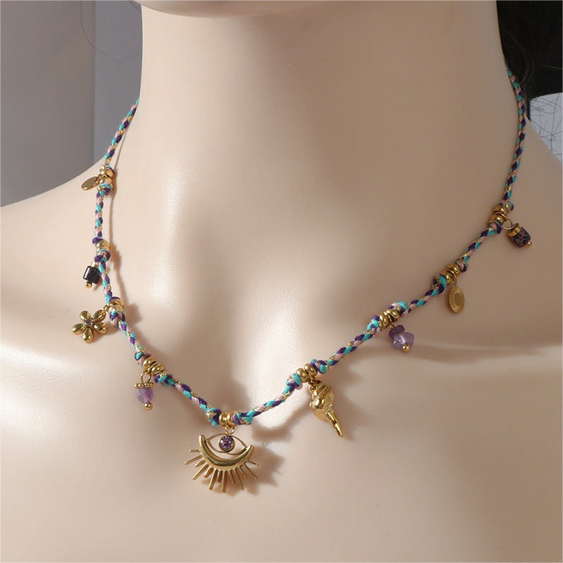 Summer Sea Style Starfish Moon Heart Pendant Colorful Dopamine Rope Braided Necklace