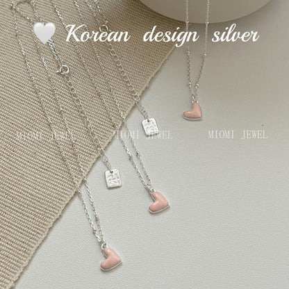 Korea Dongdaemun Style Silver Jewelry S925 Sterling Silver Pink Glaze Heart Bead Necklace Cute Versatile for Women