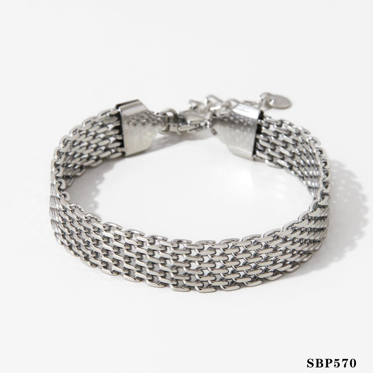 Stackable Bracelet Set Combination Stainless Steel Exquisite Diamond-Encrusted Wide Strap Mesh Chain Heart Bracelet Versatile Set