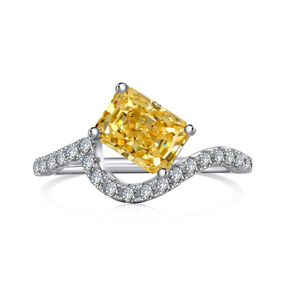 Cross-Border Hot S925 Sterling Silver Yellow Diamond Ring Female Noble Super Flash Ice Flower Cut High Carbon Diamond 8A Zircon Ring