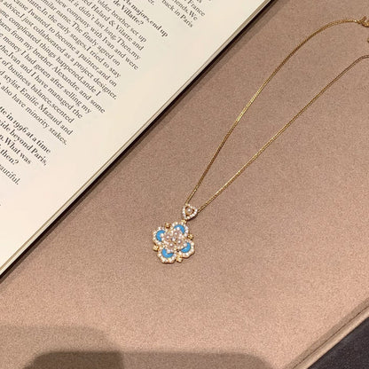 Light Luxury Retro Palace Style Blue Turquoise Pearl Four-Leaf Clover Necklace Light Luxury High-End Clavicle Chain