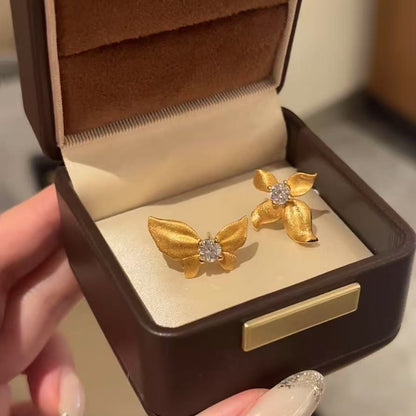 Pure Silver S925 Brushed Craft High Carbon Diamond Butterfly Flower AB Asymmetric Earrings Fashion Versatile High-end Light Luxury