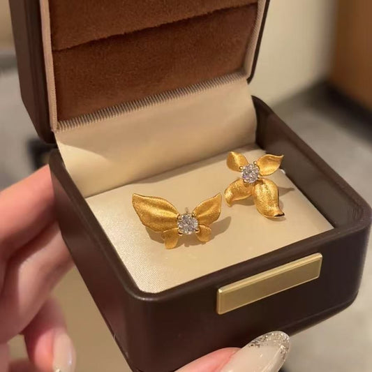 Pure Silver S925 Brushed Craft High Carbon Diamond Butterfly Flower AB Asymmetric Earrings Fashion Versatile High-end Light Luxury