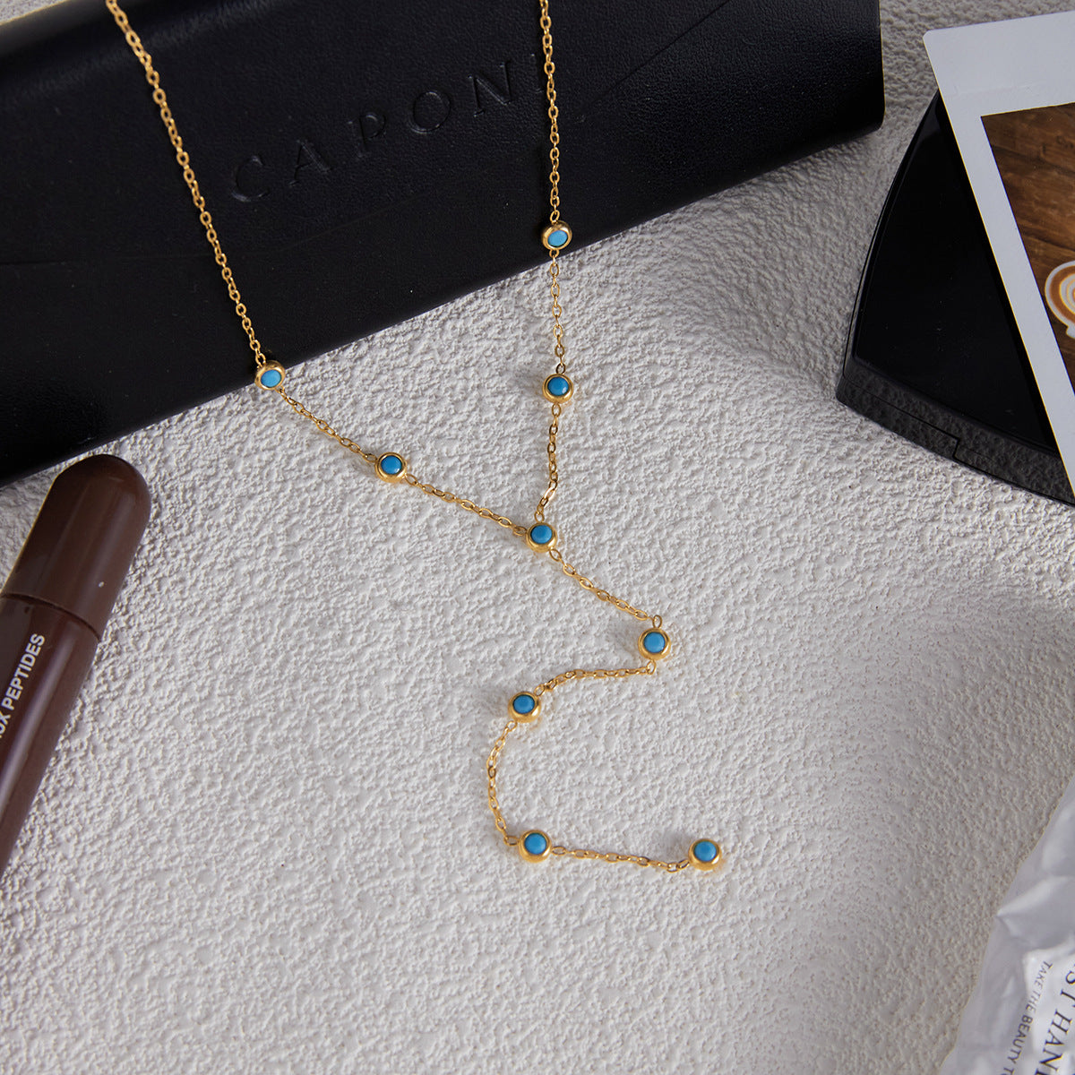 Blue Turquoise Titanium Steel Long Necklace Accessories for Women High-end Jewelry Stainless Steel Y-shaped Chain Hot Item