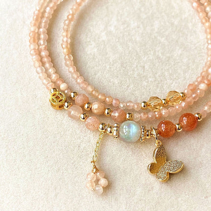 Natural Crystal Orange Sunstone, Gray Moonstone, Golden Strawberry Quartz Faceted Triple-Layer Multi-Strand Bracelet butterfly fairy