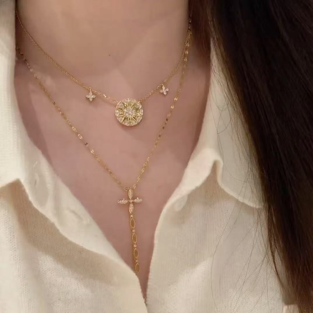 Pure Silver S925 High Carbon Diamond Cross Tassel Necklace High Aesthetic Versatile