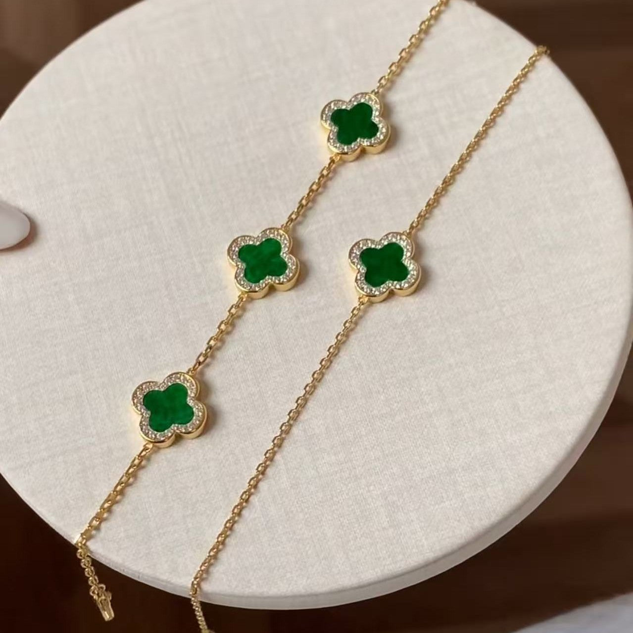 Pure Silver S925 Jade Green Four-Leaf Clover Double-Sided Three-Flower Single-Flower Bracelet Fresh and Luxurious Niche Style Elegant Jewelry