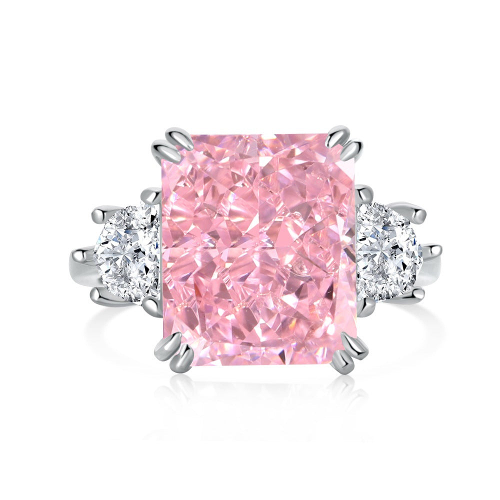 925 Sterling Silver Women's INS Heart Pink Ring Pink Diamond Sugar Cube Super Sparkling High Carbon Diamond Ring Wedding Ring