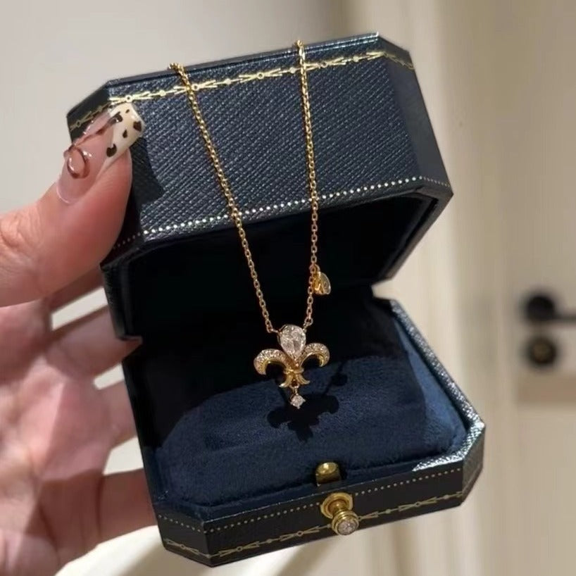 Vintage Style Pure Silver S925 Real Gold Plated High Carbon Diamond Brushed Craft Iris Flower Push-Pull Adjustable Necklace