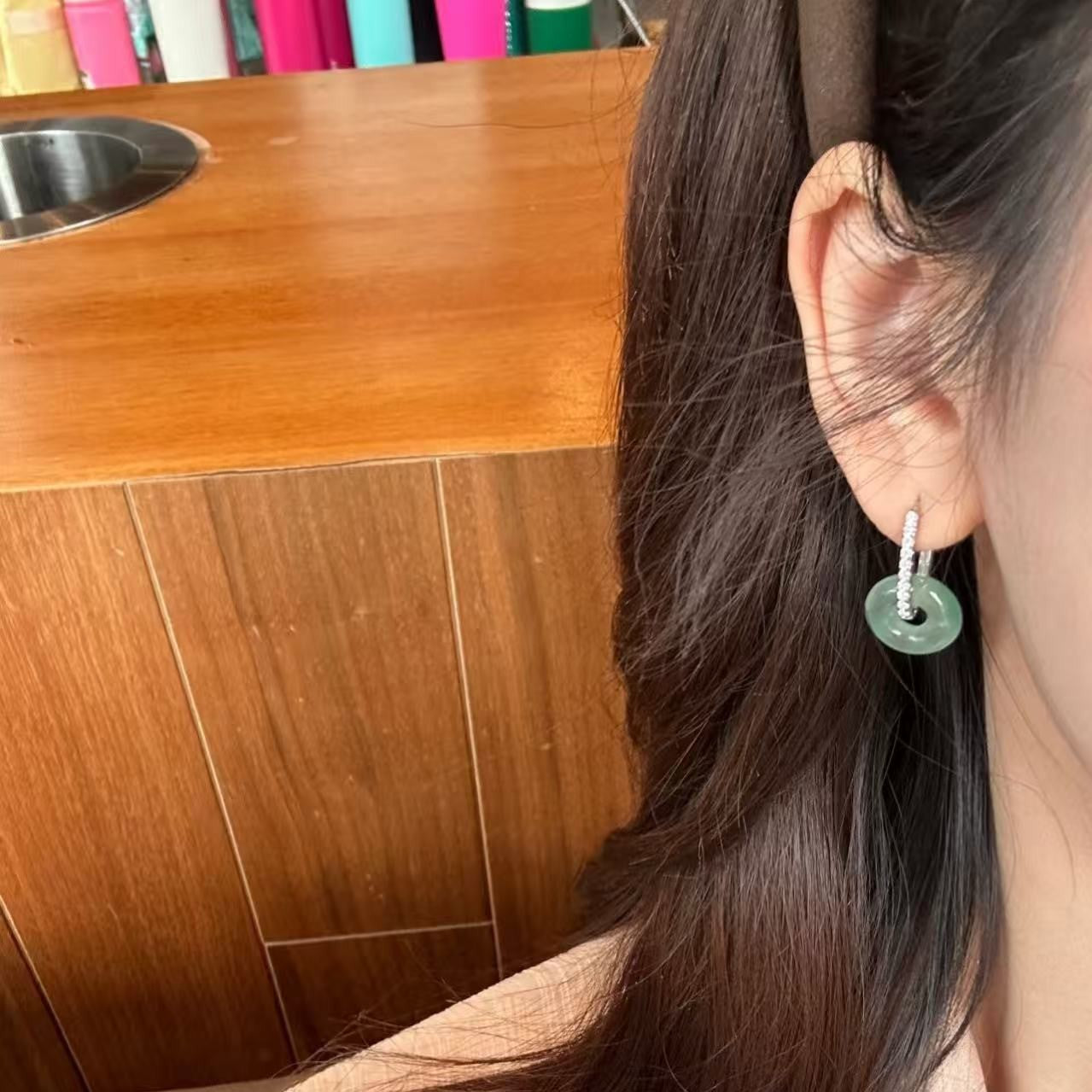 Pure Silver S925 Chinese Style African Jade Ice Floating Flower Donut Earrings Chinese Style Jade Plate Round Beads Light Luxury Exquisite Versatile