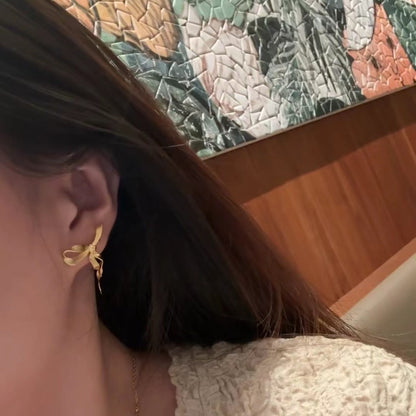 Italian Vintage Brushed Light Luxury High-End Jewelry 925 Sterling Silver Brushed Craft Forged Surface Bowknot Earrings for Women