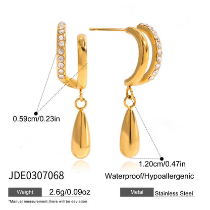 Titanium Steel Zircon Double Layer C Hoop Earrings Water Drop Pendant Stud Earrings Stainless Steel Jewelry High-end Feel