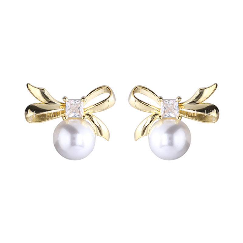 925 Sterling Silver Bowknot Square Zircon Earrings for Women Simple Sweet Girly Temperament Pearl Earrings 8646A