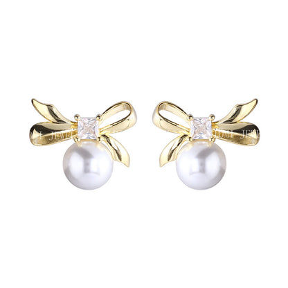 925 Sterling Silver Bowknot Square Zircon Earrings for Women Simple Sweet Girly Temperament Pearl Earrings 8646A