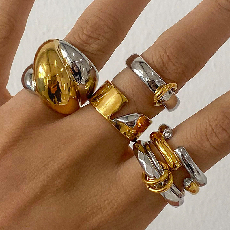 Color Block Stainless Steel Ring High-End Niche Exaggerated Ring Titanium Steel Hand Jewelry Rings