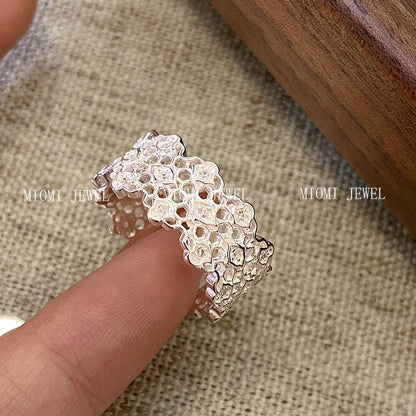 S925 Sterling Silver Irregular Hollow Diamond Ring for Women, Light Luxury, Elegant Commuting, Niche Versatile Ins Lace Ring