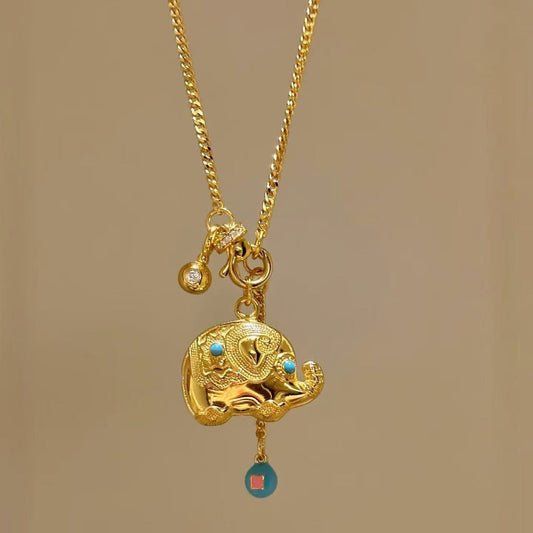 Pure Silver S925 Ethnic National Style Blue Pine Enamel Craft Small Elephant Universal Chain Necklace Lucky Fortune Harvest Necklace