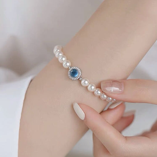 S925Sterling Silver Sparkling Diamond Aquamarine Pearl Bracelet for Women, Niche Light Luxury Elegant Bracelet with High-end Feel