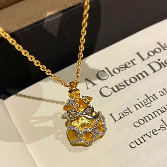 Sterling Silver S925 Brushed Craft Gold and Silver Color Electroplated Lucky Bag Money Bag Necklace Niche Design Light Luxury High-end Feel