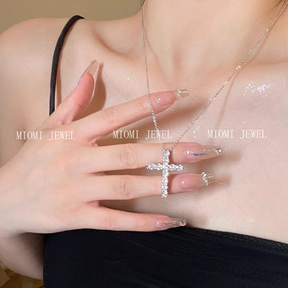 S925 Sterling Silver Inlaid Diamond Cross Necklace for Women, Ins Niche Design, Super Shiny Zircon, Stackable, Trendy Collarbone Chain
