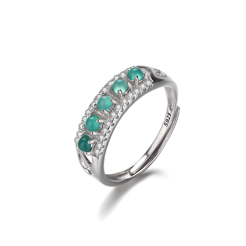 S925Silver Cinque anelli di giada verde National Trend Fila di diamanti Anello aperto smeraldo Squisito anello retrò cabochon verde fatto a mano