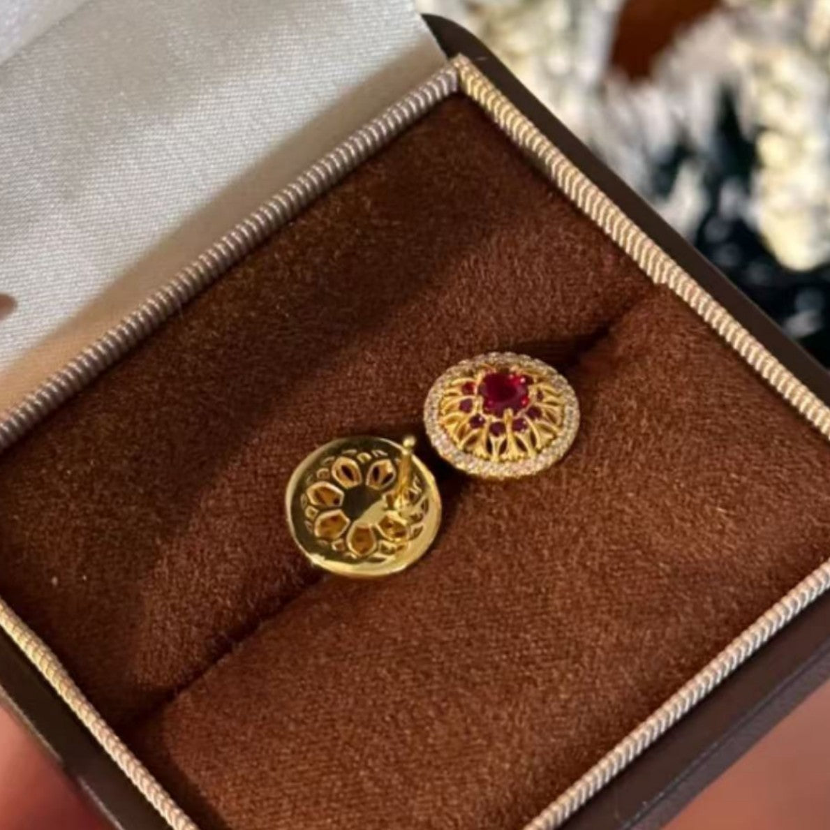 Pure Silver S925 Rose Flower Window Red Gemstone High Carbon Diamond Earrings High-end Versatile