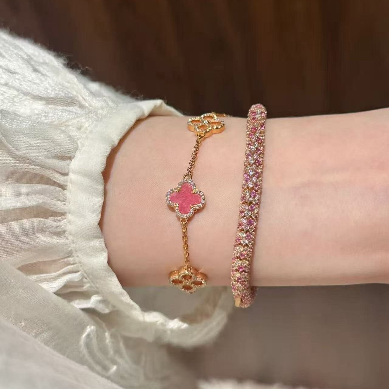 Pure Silver S925 Natural Rhodonite Four-Leaf Clover Necklace Bracelet Earrings Set for Women Fashionable Versatile Personality