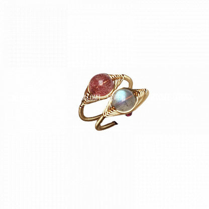 Crystal Ring 14K Gold-Filled Wire Wrapped Handmade Ring Labradorite Blood Red Strawberry Quartz Ring