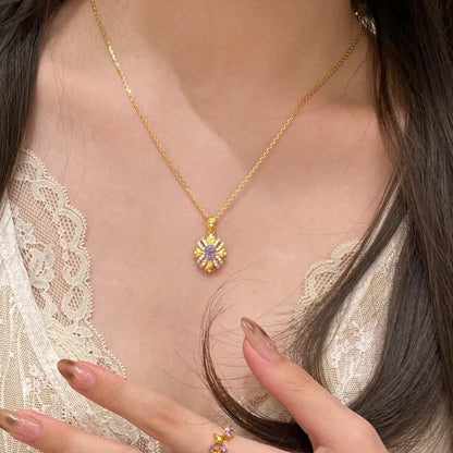 Italian Vintage Brushed Purple Flower Necklace Sparkling Full Diamond Sunflower Pendant Light Luxury Exquisite Collarbone Chain