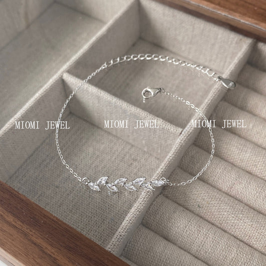 S925 Sterling Silver Bracelet for Women, Mori Style, Wheat Ear Leaves, Horse Eye Micro Pave Zirconia, Fine Chain, Exquisite Light Luxury Bracelet Wholesale