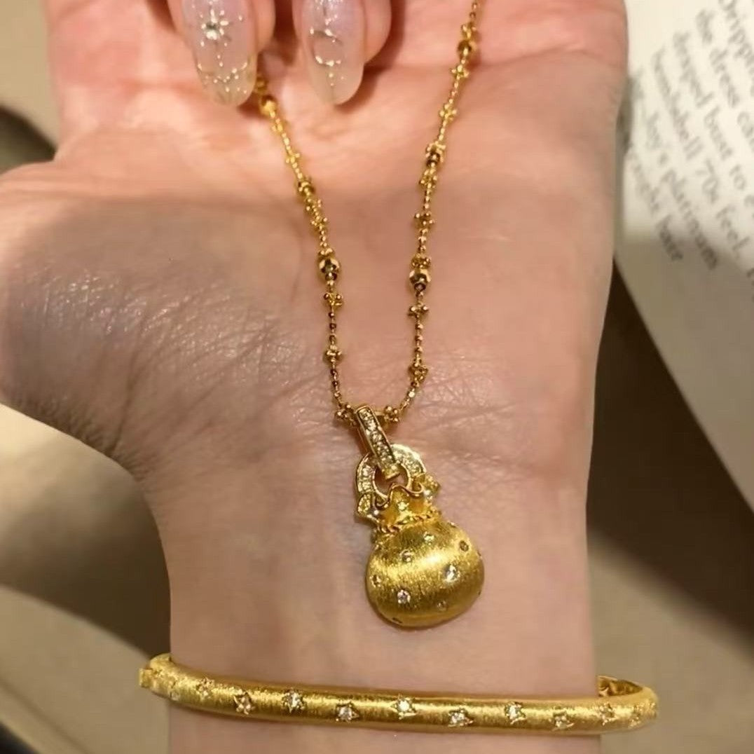 S925 Sterling Silver Brushed Pointed Diamond Lucky Bag Pendant Necklace New Chinese Style Light Luxury Exquisite Elegant High-end Collarbone Chain