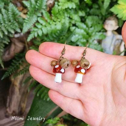 Handmade Vintage Forest-Style Fresh Minimalist Vacation Earrings - Jungle Glass Small Mushroom, Cute Lolita Dried Fruit Earrings