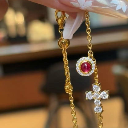 Sterling Silver S925 Ruby Cross Bracelet Fashionable Elegant Light Luxury Simple Exquisite High-end Daily Style