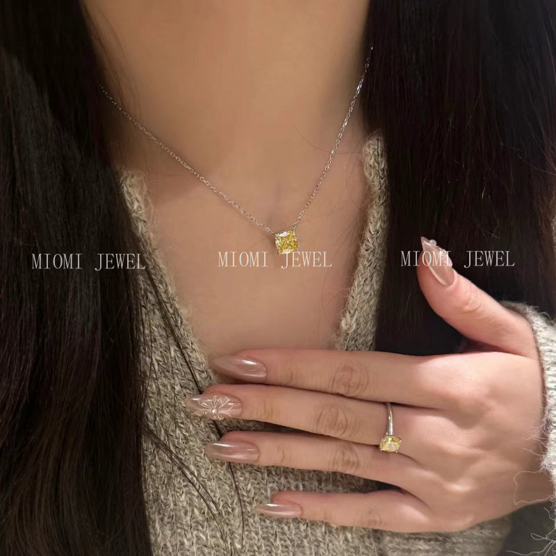 S925 Sterling Silver Lucky Yellow Diamond Ring Necklace Cushion Cut High Carbon Diamond High-end Ice Flower Cut Diamond Ring Collarbone Chain