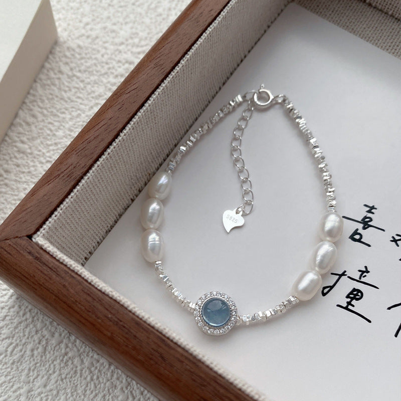 Bracciale in argento S925 con frammenti di acquamarina per donna, bracciale con perline di perle d'acqua dolce naturali, eleganti e leggere, gioielli di nicchia 