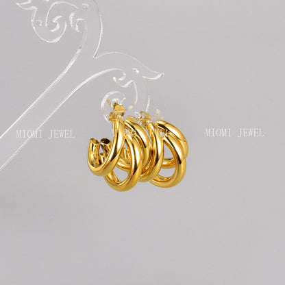 E68 Hong Kong Style Retro Three-Layer C-Shaped Hollow Round Tube Earrings Studs Wholesale Jewelry Accessories
