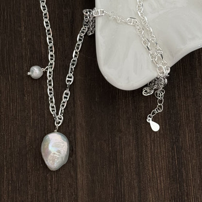 S925 Silver Korean Version Niche Design Freshwater Pearl Irregular Baroque Pig Nose Necklace Wind Collarbone Chain