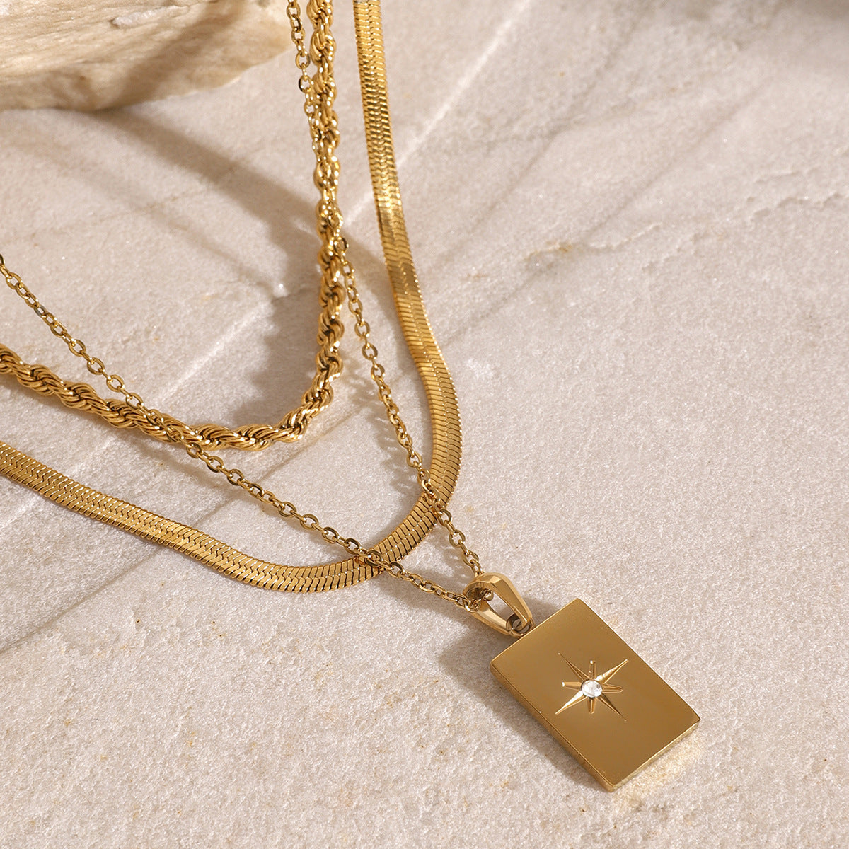Stainless Steel Smooth Square Star Hollow Three-Layer Pendant Necklace Simple Design Sense Jewelry