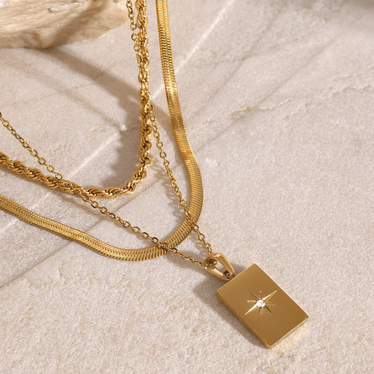Stainless Steel Smooth Square Star Hollow Three-Layer Pendant Necklace Simple Design Sense Jewelry