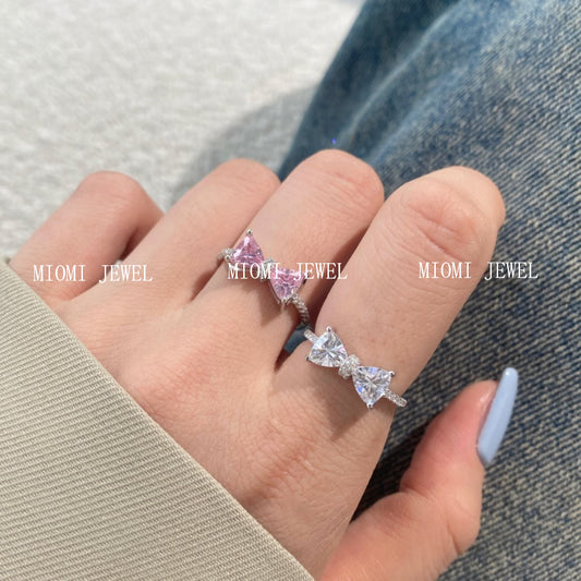 S925 Sterling Silver Ring for Women, Niche Design, High-End Luxury, Inlaid with Zircon, Triangle Bowknot Ring