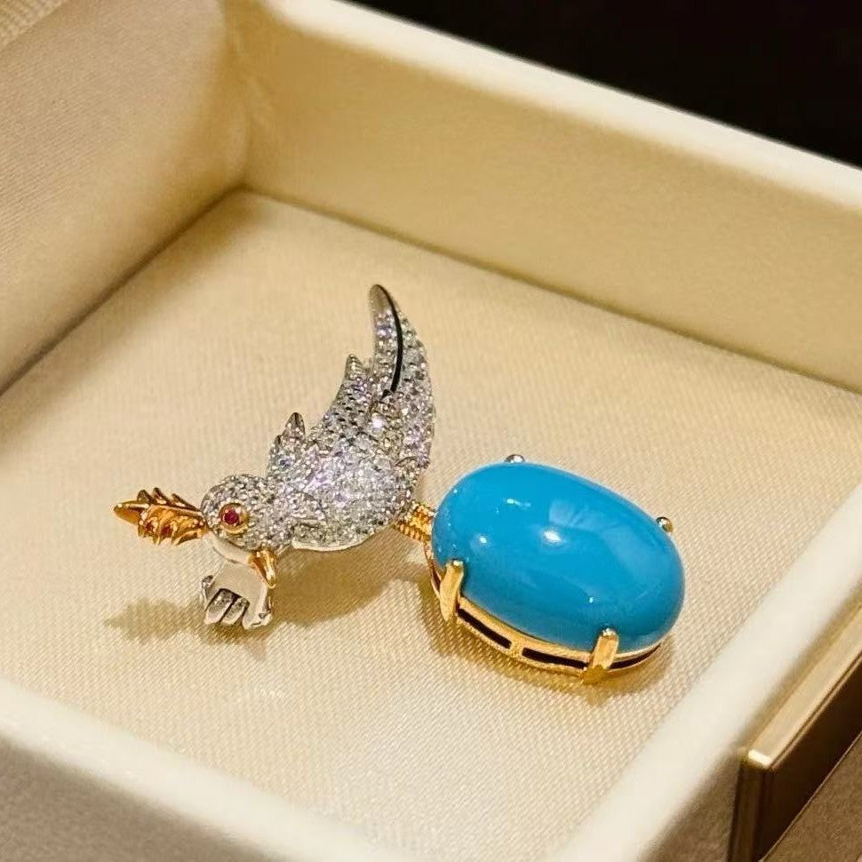 Sterling Silver S925 Blue Turquoise Bird Shape Brooch High-end Luxury Exquisite Elegant Special Edition Premium Accessory Brooch