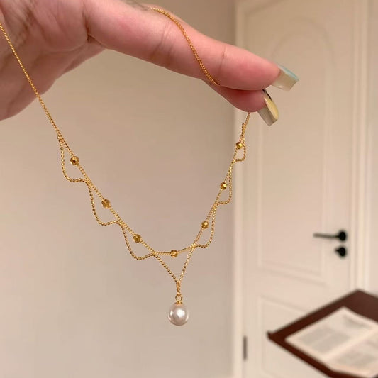 French Court Style Double Layer Design Handmade Lace Pearl Necklace Light Luxury Elegant Tassel Collarbone Chain