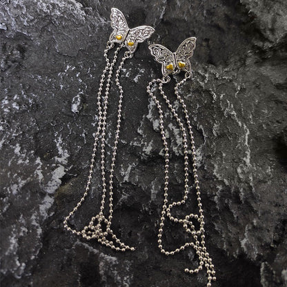 Korean Version Pure Silver S925 Silver Color-Block Butterfly Tassel Earrings for Women Fashionable Personality Light Luxury Exquisite New Style